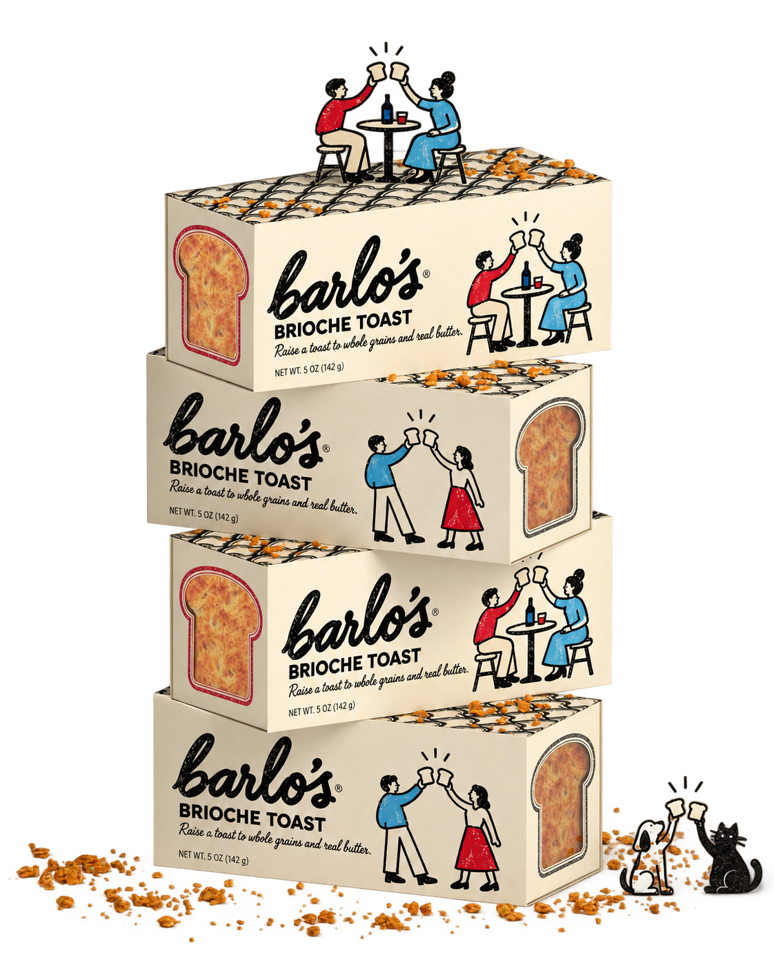 Stacked Barlo’s brioche toast boxes with illustrated café characters